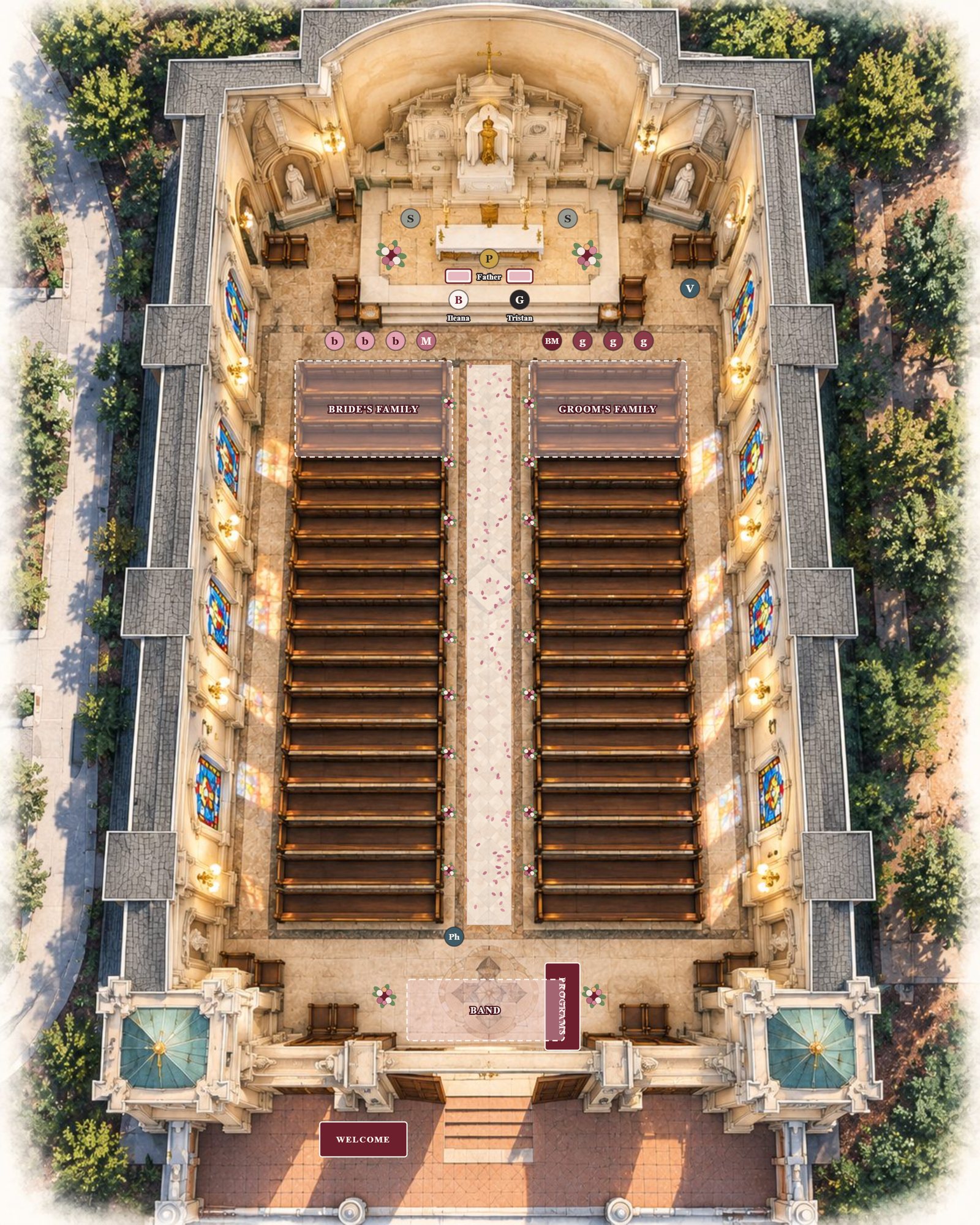 Overhead view inside the chapel: the altar at the top, the wedding party at the front, family rows and guest pews on either side of the center aisle, and the band, programs and welcome sign by the entrance at the bottom