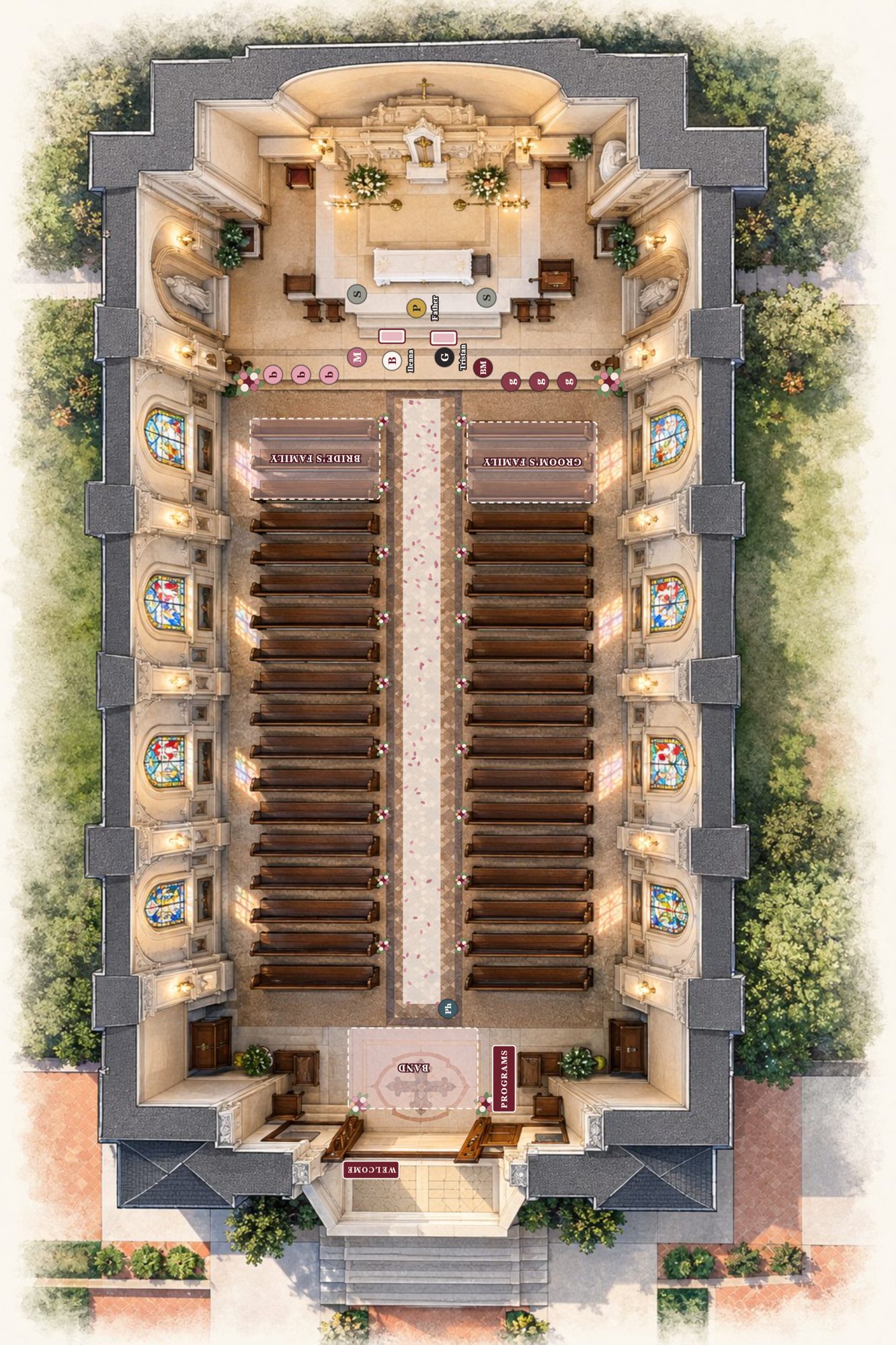 Overhead view inside the chapel with the entrance at the bottom, the family rows and wedding party marked near the altar at the top