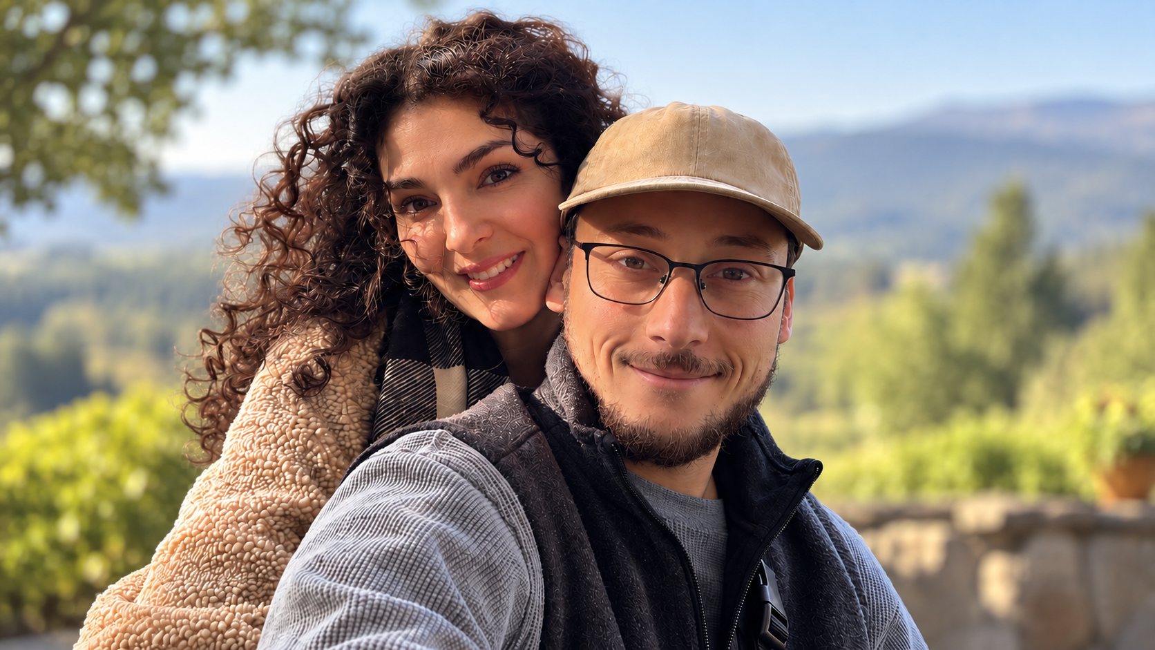 Ileana resting her head on Tristan's shoulder with green hills behind them