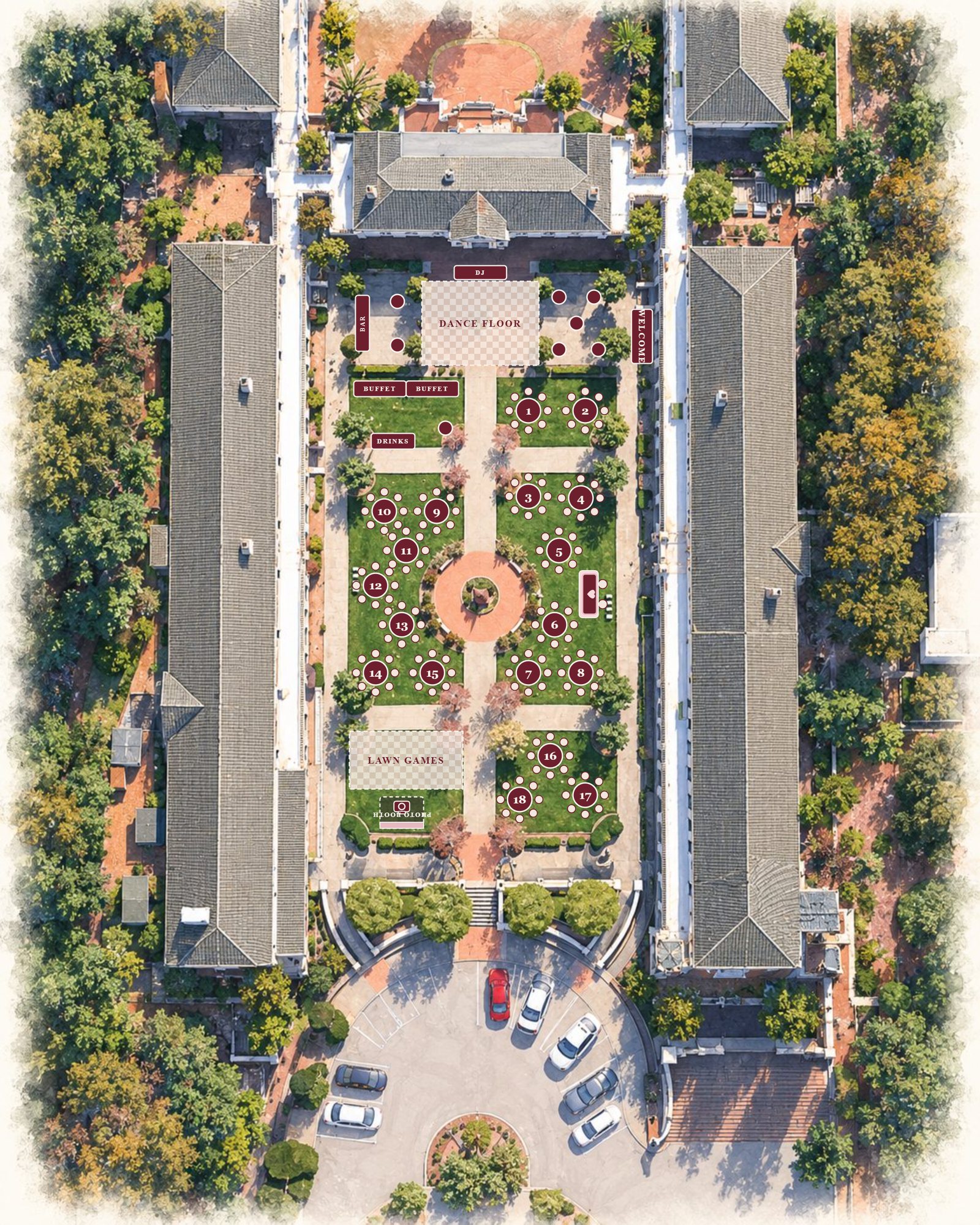 Aerial view of the reception courtyard: dance floor, DJ, bar and welcome table by the main building, buffet and drinks on the north lawn, 18 numbered dinner tables around the fountain, the sweetheart table, lawn games and photo booth near the steps to the parking lot